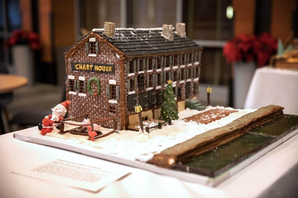 The gingerbread &quot;Chart House Urban Pedestal,&quot; by Leonardi Aray Architects with Anne McKinnon, Jeffrey Ferris &amp; Diva DeOliveira, imagines a the Chart House with a raised sea wall around it to protect if from rising waters. (Robin Lubbock/WBUR)