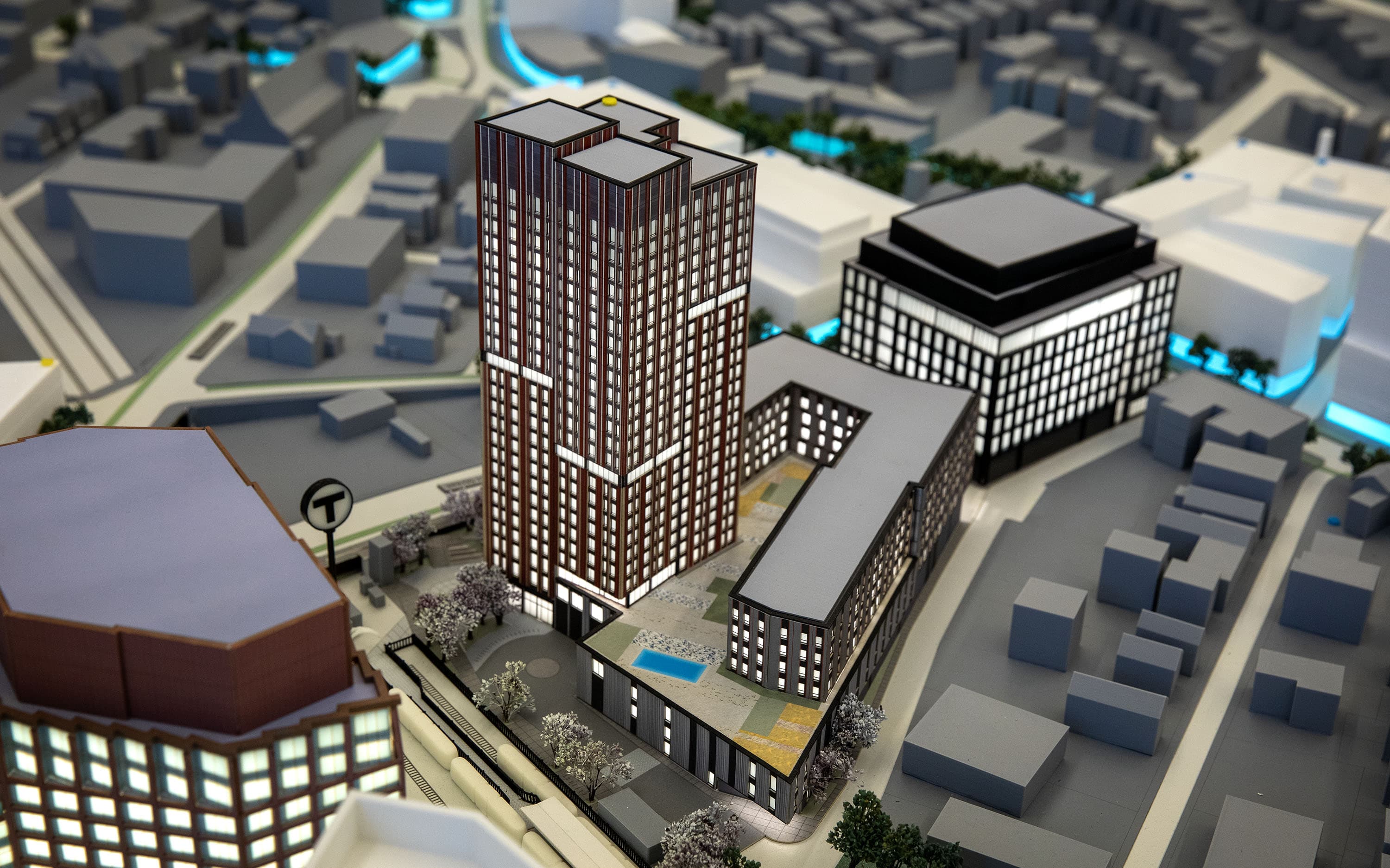 A model of commercial and residential developments on Prospect Street, at USQ's office in Union Square. (Robin Lubbock/WBUR)