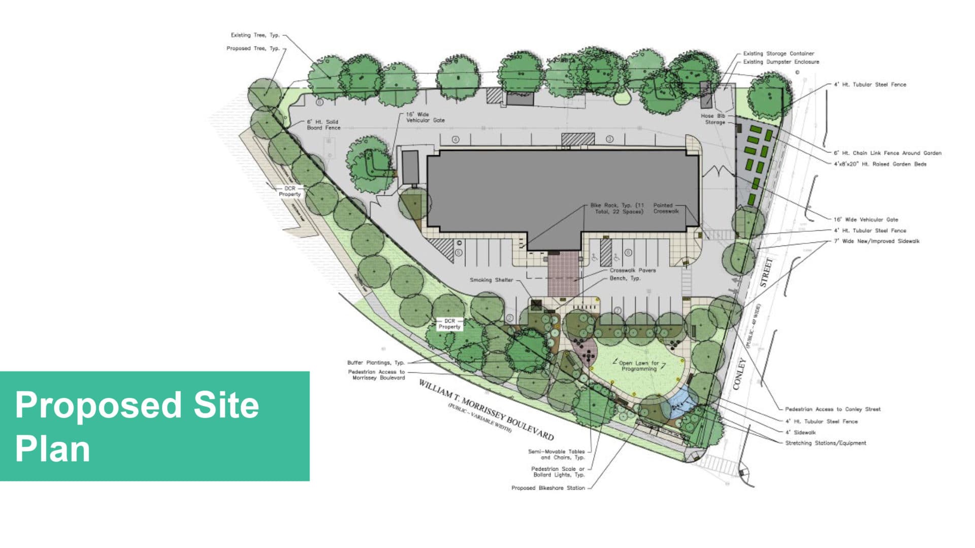 The proposed site plan for the conversion of the Comfort Inn at 900 Morrissey Boulevard in Dorchester. (Image via a presentation from the Boston Planning and Development Agency)