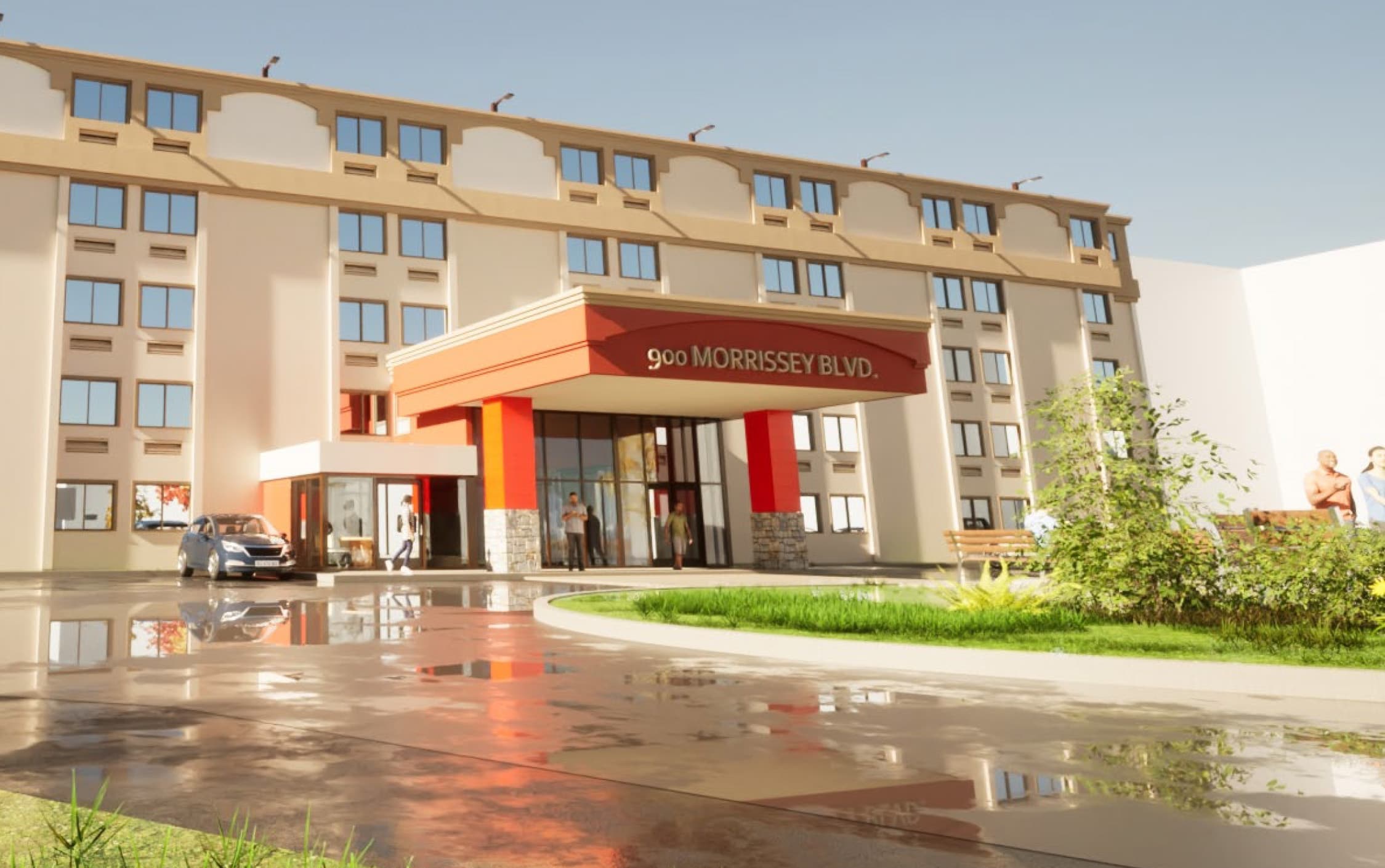 An image from the proposed plan for the conversion of the Comfort Inn at 900 Morrissey Boulevard in Dorchester. The plan is to create housing for those experiencing chronic homelessness. (Image via a presentation from the Boston Planning and Development Agency)