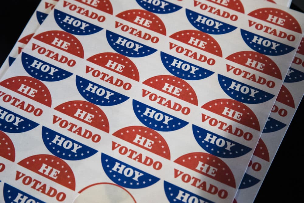 Shown in the Spanish language are &quot;He Votado Hoy&quot; stickers or I voted today at a polling place in Philadelphia, May 21, 2019. (Matt Rourke/AP)