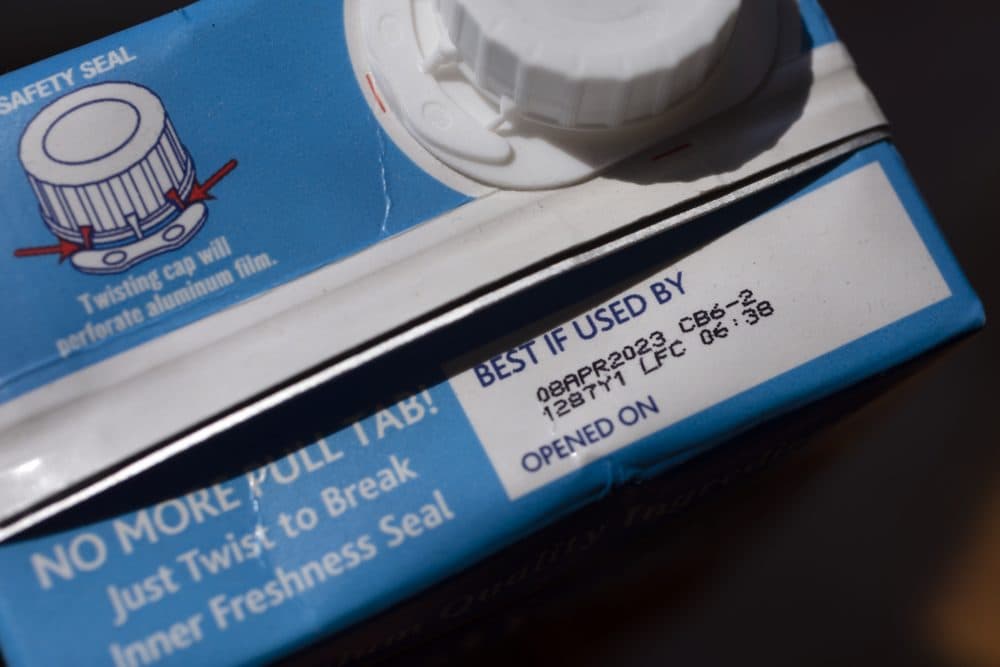 A &quot;best if used by&quot; date is seen on the top of a chicken broth carton, Saturday, Aug. 20, 2022, in Boston. (Michael Dwyer/AP)