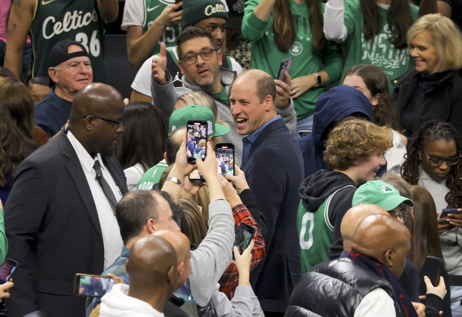 Prince William walks during halftime of an NBA basketball game between the Boston Celtics and the Miami Heat , Wednesday, Nov. 30, 2022. (Brian Snyder/AP)
