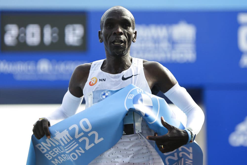 FILE - Kenya's Eliud Kipchoge crosses the line to win the Berlin Marathon in Berlin on Sept. 25, 2022. (Christoph Soeder/AP File)