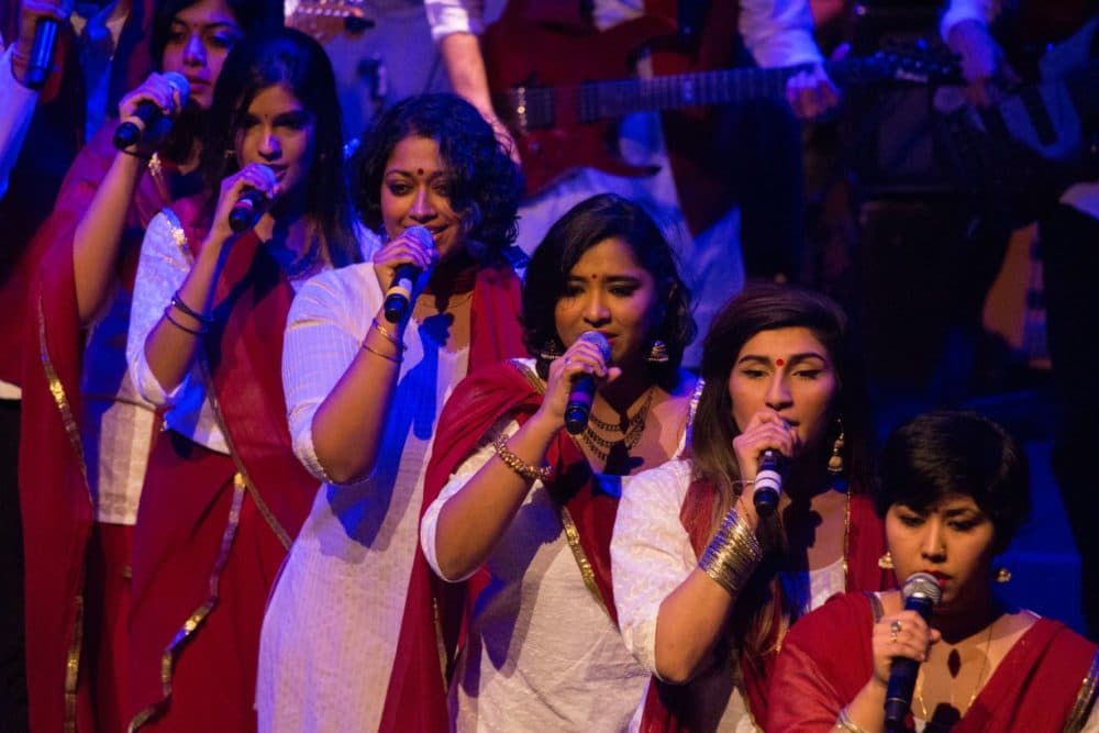 Annette Philip (third from the left) performing with the Berklee Indian Ensemble during the Shankar Mahadevan residency. (Courtesy Mudra Creations)