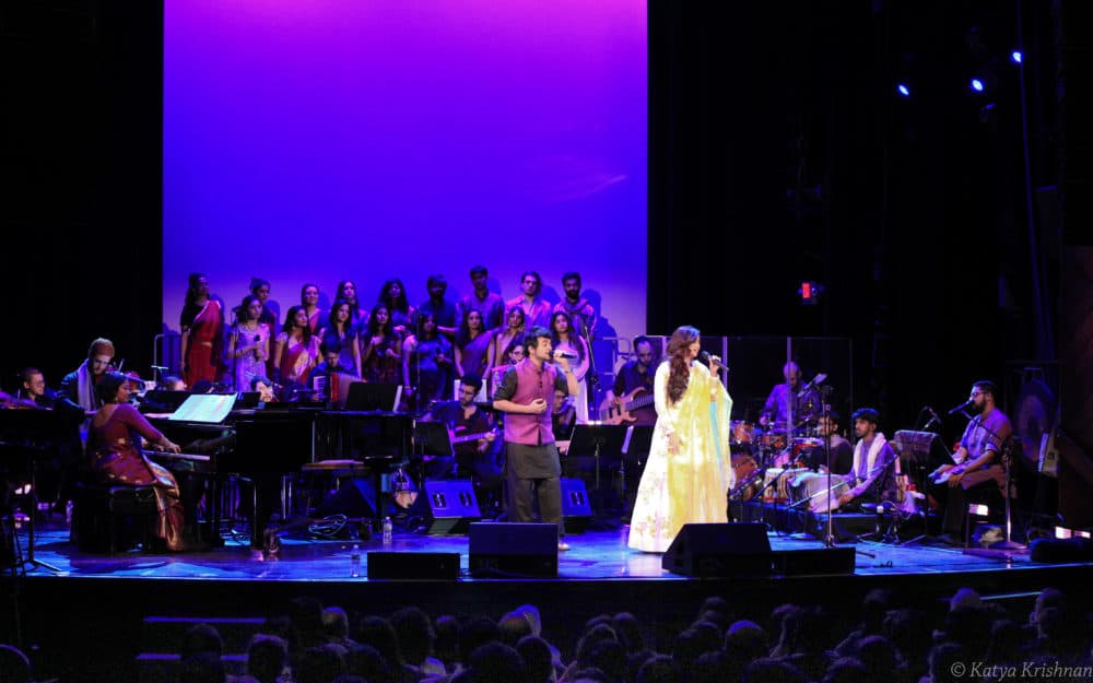 Shreya Ghoshal with the full Berklee Indian Ensemble. (Courtesy Katya Krishnan)