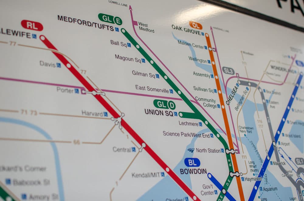 An MBTA map illustrating the newly added Green Line stops extending past Lechmere station into Somerville and Medford. The expansion is expected to be running and open to the public starting Dec. 12, 2022. (Sharon Brody/WBUR)