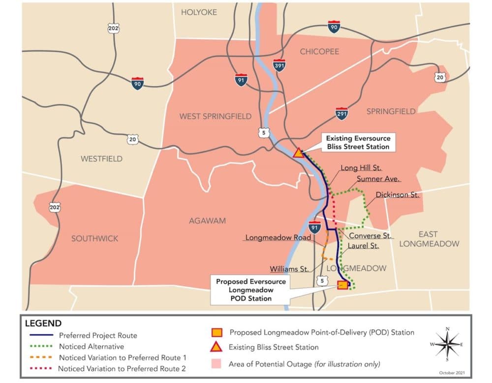 This map shows several alternative routes for the pipeline, as well as the communities (in red) that would be served by it. (Courtesy of Eversource)