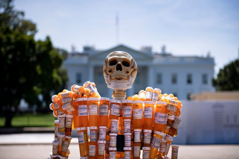 Pill Man, a skeleton made from Frank Huntley's oxycontin and methadone prescription bottles, is seen on Pennsylvania Avenue in front of the White House Aug. 30, 2019, in Washington, DC. (Brendan Smialowski/AFP via Getty Images)