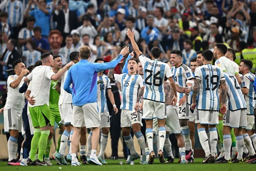 Argentina players celebrate winning the Qatar 2022 World Cup football semi-final match between Argentina and Croatia at Lusail Stadium in Lusail, north of Doha on December 13, 2022. (Photo by Anne-Christine POUJOULAT / AFP) (Photo by ANNE-CHRISTINE POUJOULAT/AFP via Getty Images)