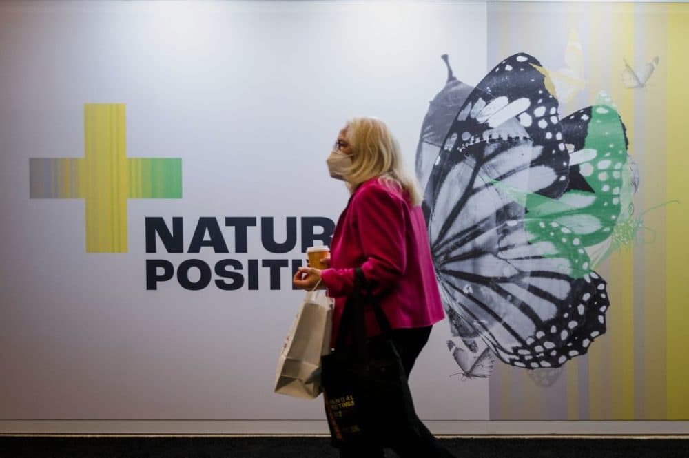Delegates pass by a billboard at the United Nations Biodiversity Conference (COP15) in Montreal, Quebec, Canada on December 14, 2022. (Andrej Ivanov/AFP via Getty Images)