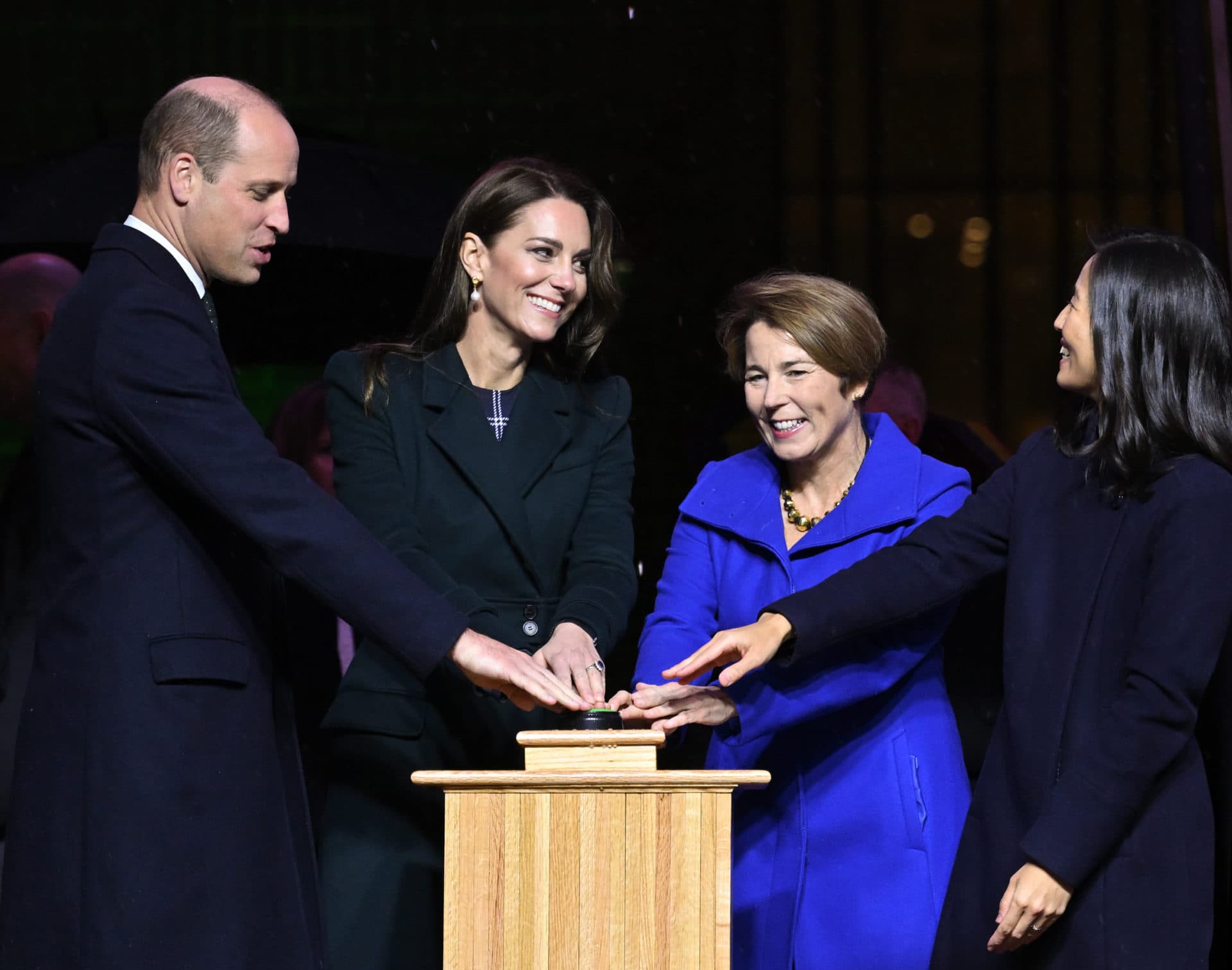 Prince William and Kate join Governor-elect Maura Healy and Boston Mayor Michelle Wu to kick off Earthshot celebrations outside of Boston City Hall. (Karwai Tang/WireImage)