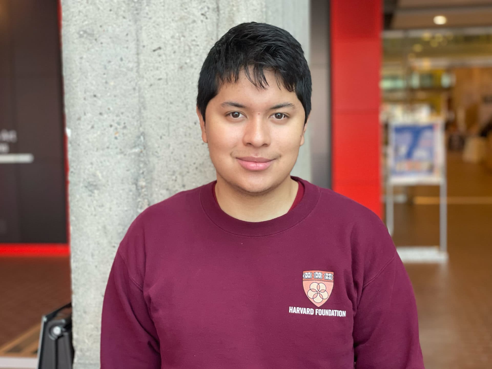 Sophomore Agustín León-Sáenz inside Harvard's Smith Campus Center. (Max Larkin/WBUR)