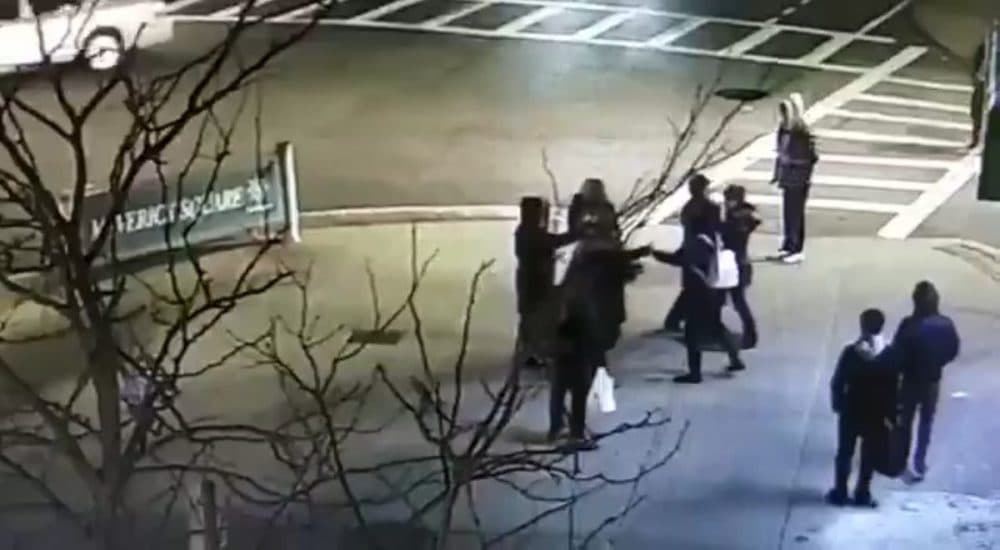 A still photo from a video that captured the attack on the author and her teenage daughter near the Maverick Square public transit station in East Boston in February 2020. (Courtesy Lawyers for Civil Rights)