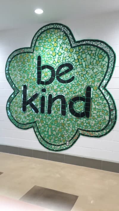 A mosaic mural inside the new Sandy Hook Elementary School; photo taken by the author in 2016, on a tour of the school prior to its opening to students. Newtown, CT. (Courtesy Ayesha Dholakia)