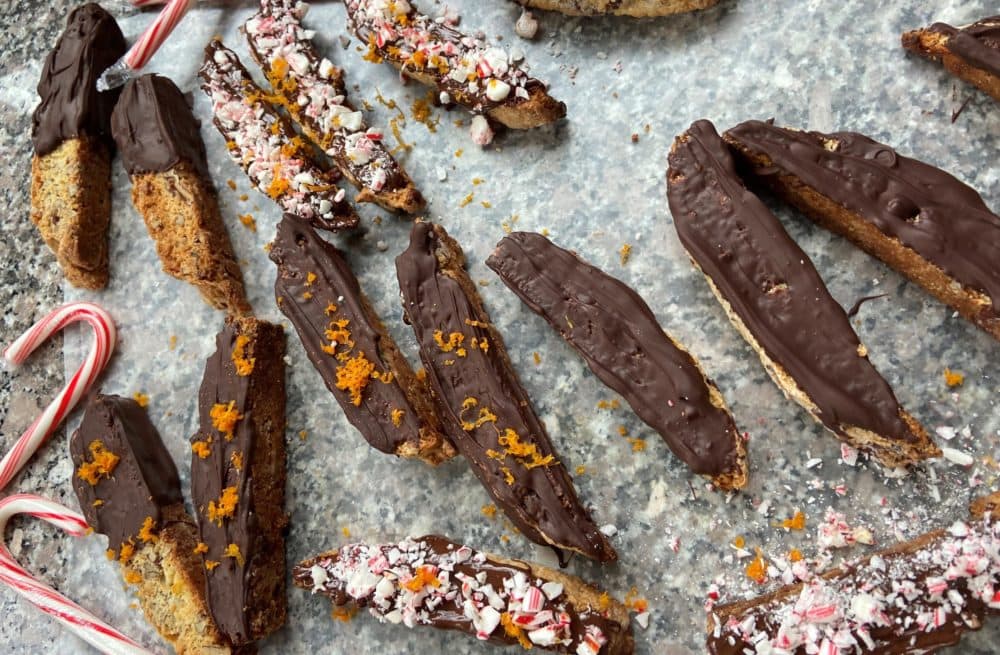 Chocolate-dipped tangerine and toasted pecan biscotti. (Kathy Gunst/Here & Now)