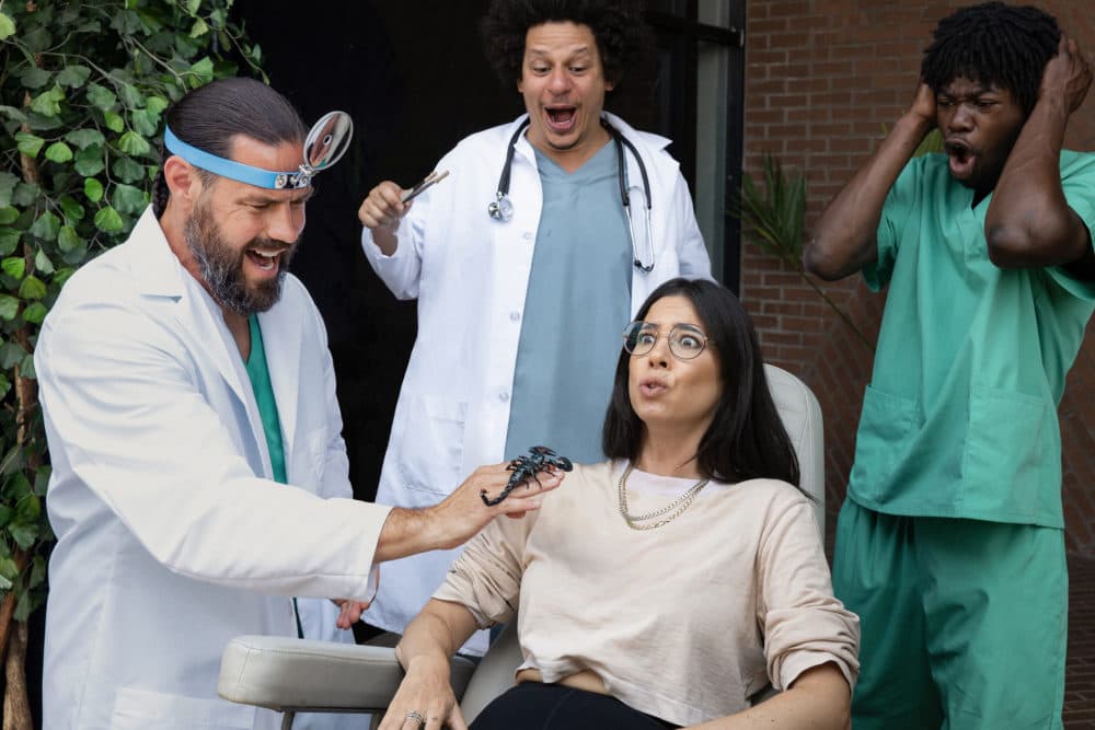 Chris Pontius, Eric André, Rachel Wolfson, and Eric Manaka in &quot;Jackass Forever.&quot; (Courtesy Paramount Pictures and MTV Entertainment Studios)