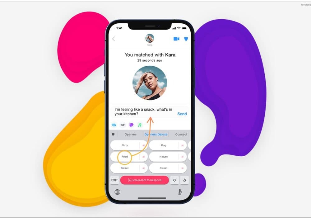 A sample image of KEYS AI's generative keyboard. Keys AI provides real-time coaching for conversations and "helps you start and keep conversations going in your favorite online dating apps". (Courtesy Keys AI)