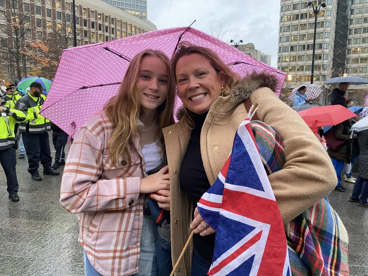 Susannah Copland, right, with her 11-year-old daughter Annabel Copland at City Hall Plaza in Boston for an event welcoming the Prince and Princess of Wales on Nov. 30. (Vanessa Ochavillo/WBUR)