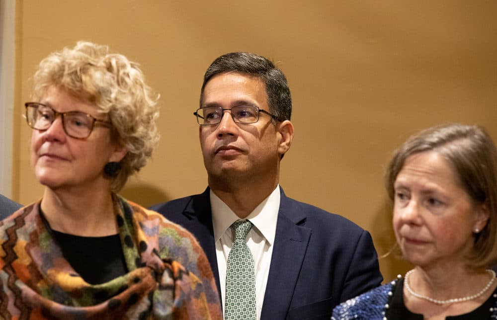Gov. Charlie Baker's pick to serve as public safety secretary, Terrence Reidy (center), is also Gov. Maura Healey's pick for the same post. (Sam Doran/SHNS)