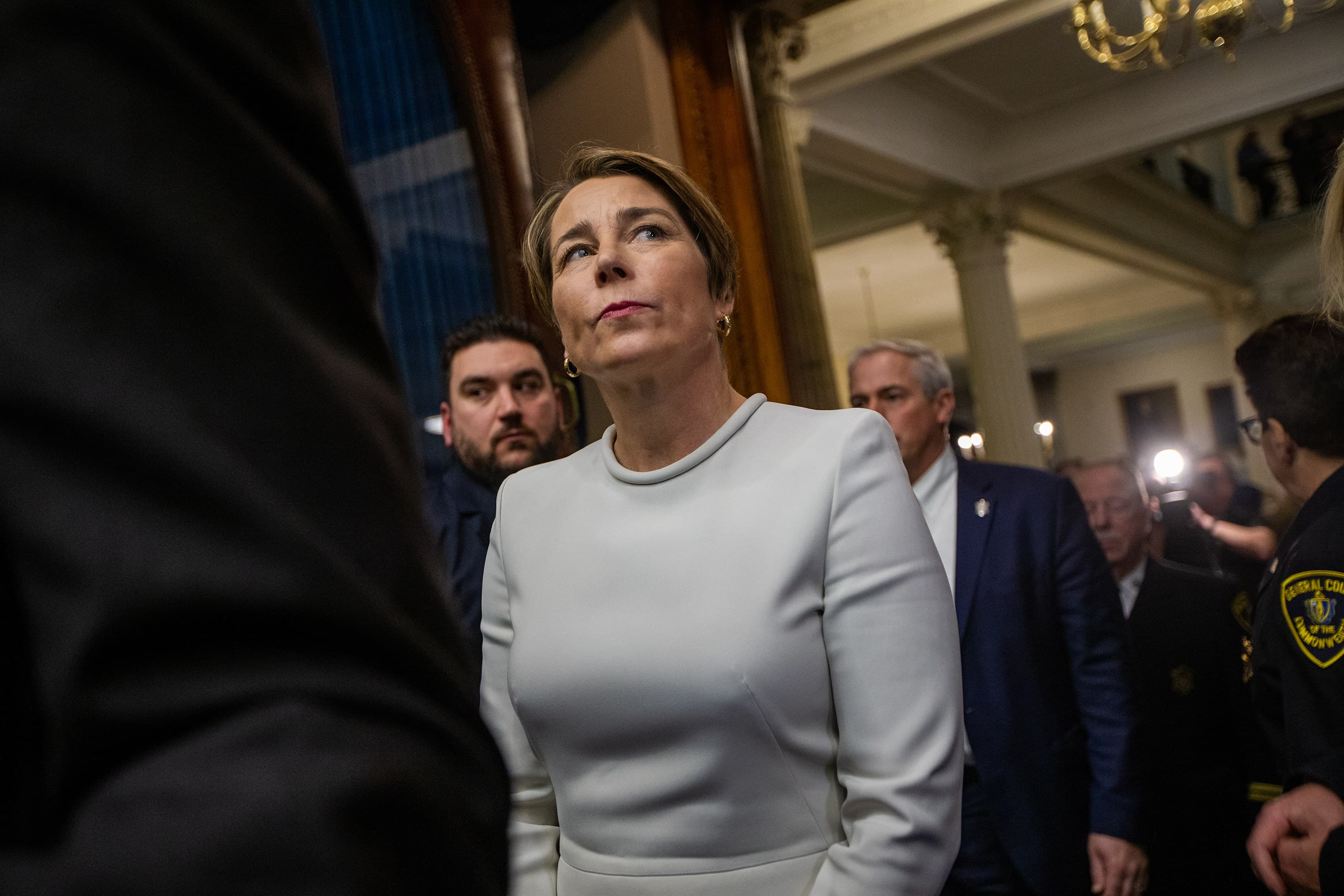 Healey waits to be escorted by the sergeant of arms into the House Chamber to take the oath of office to be the next Governor of Massachusetts. (Jesse Costa/WBUR)