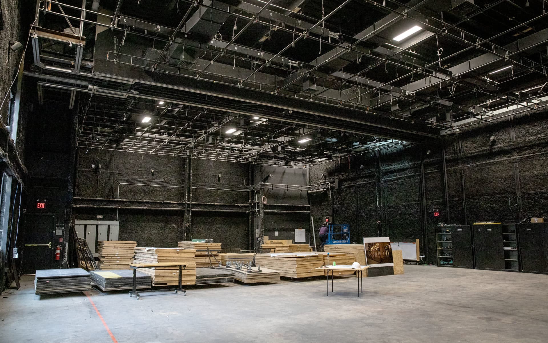 The flexible main theater space at Arrow Street will have a movable stage and movable seating so it can be configured in different ways for different productions. (Robin Lubbock/WBUR)