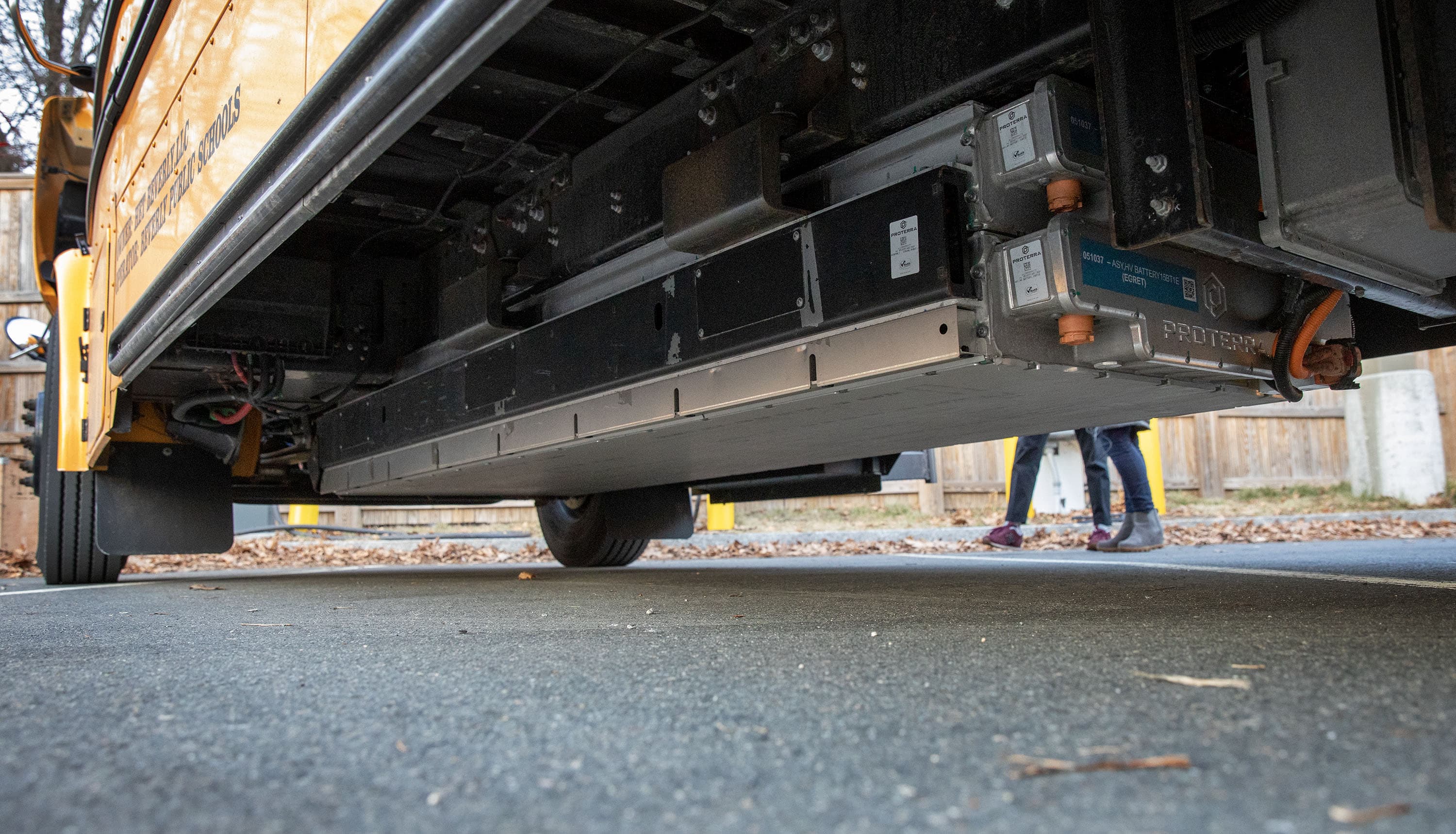 The battery pack under an electric school bus operated by the Beverly school district. (Robin Lubbock/WBUR)