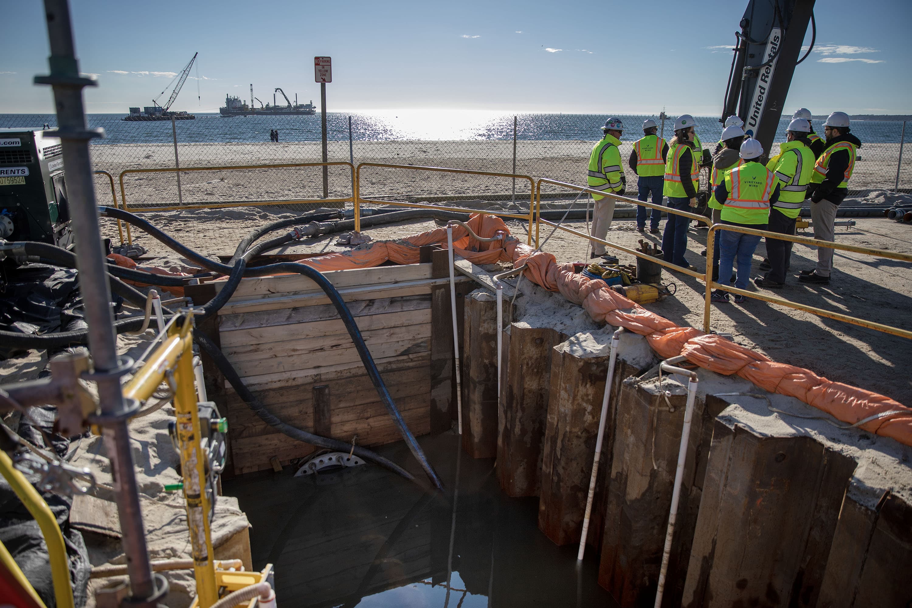One of the cables that will carry power from Vineyard Wind's turbines comes ashore at Covell's Beach. (Robin Lubbock/WBUR)
