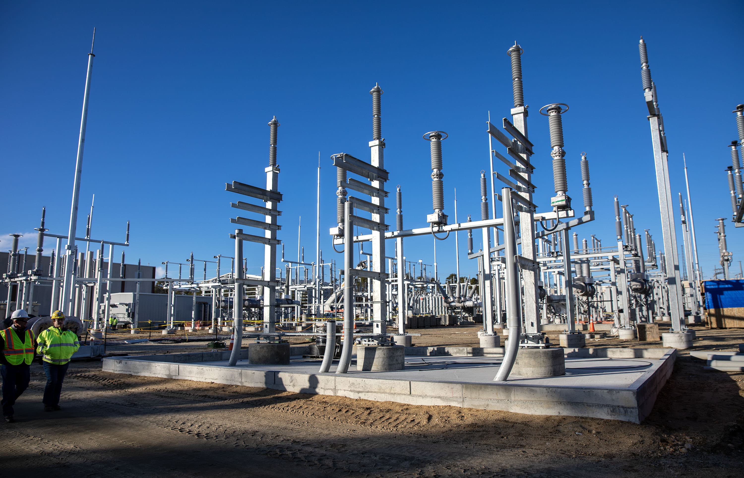 After traveling inland underground, power lines from Vineyard Wind's turbines come above ground again at an electrical substation. (Robin Lubbock/WBUR)