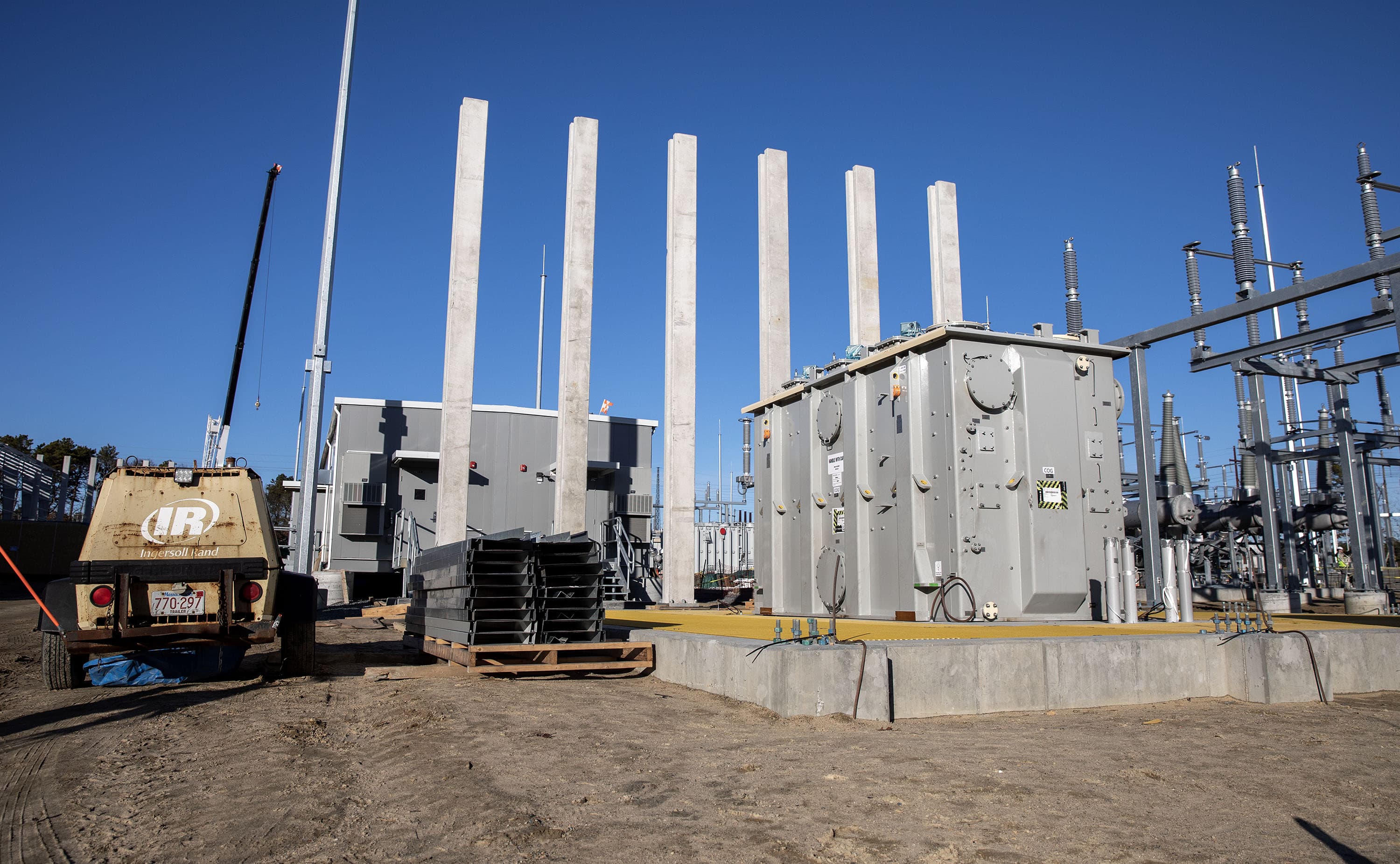 Transformers at Vineyard Wind's electrical substation will step down the voltage of the incoming power. (Robin Lubbock/WBUR)