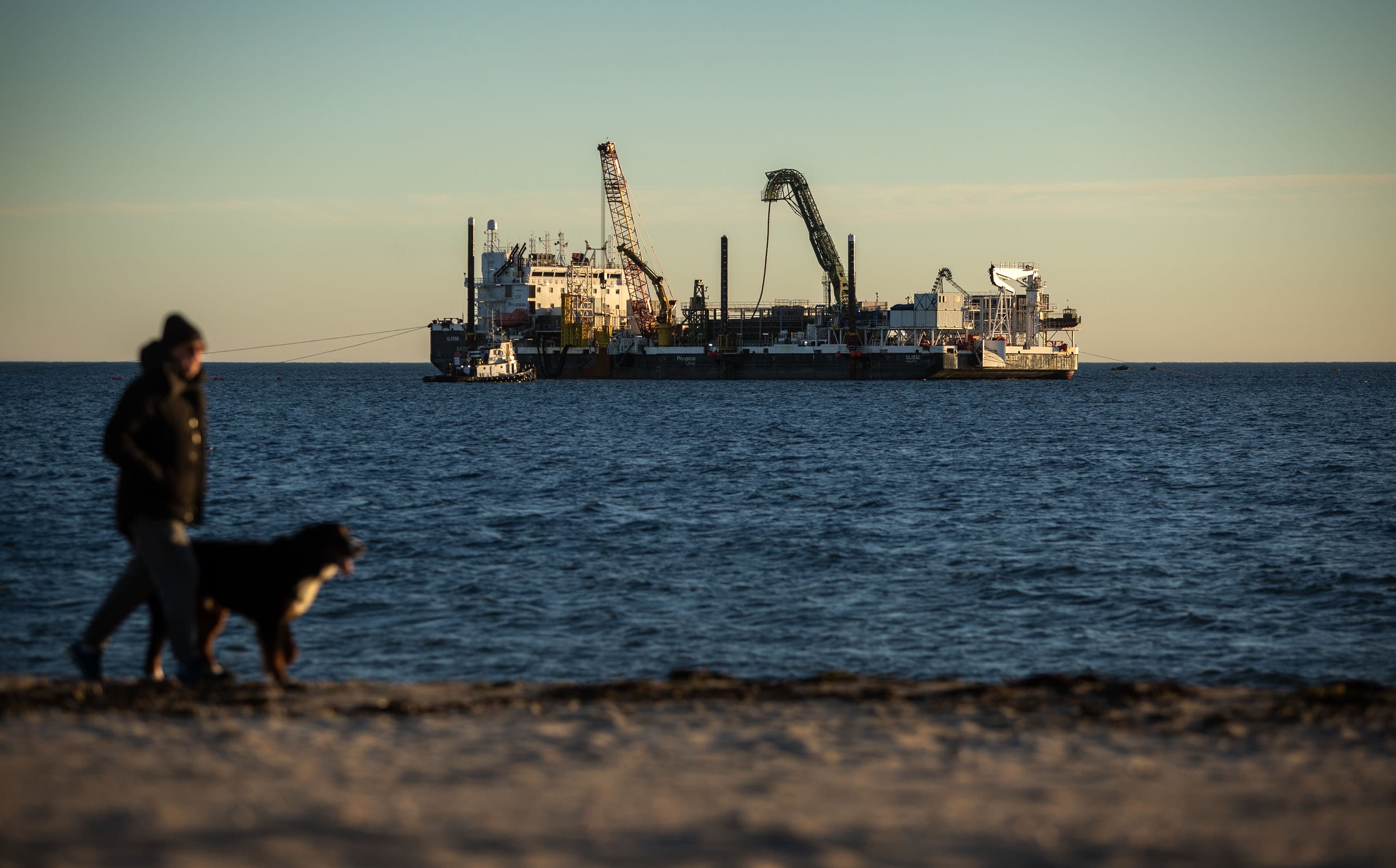 A cable-laying vessel off Covell's Beach in Barnstable. (Robin Lubbock/WBUR)