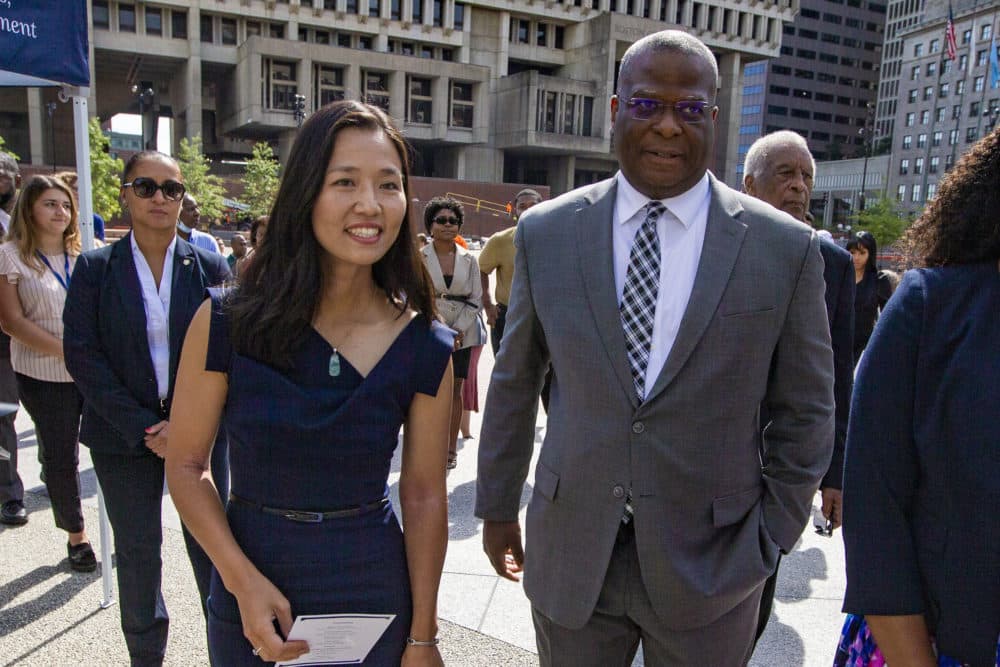 Mayor Michelle Wu and Boston Police Commissioner Michael Cox. (Jesse Costa/WBUR)