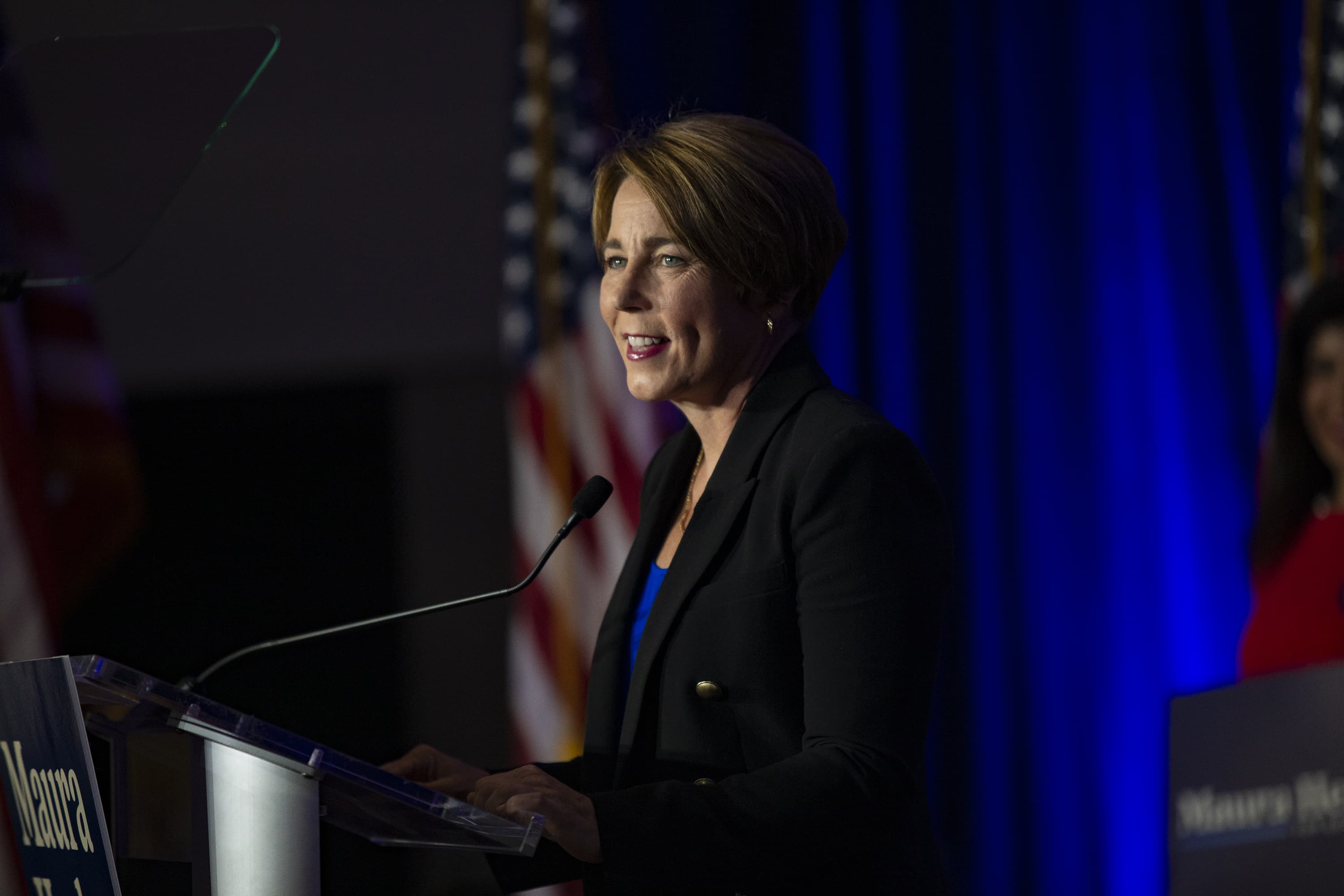 Democratic candidate for Massachusetts Governor Maura Healey smiles after she is introduced at the IBEW headquarters in Dorchester after her primary win. (Jesse Costa/WBUR)