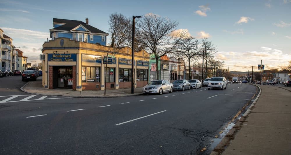 A row of single story shops on Blue Hill Avenue. Planners suggest raising one and two story commercial buildings by adding residential units above them, to increase population density. (Robin Lubbock/WBUR)
