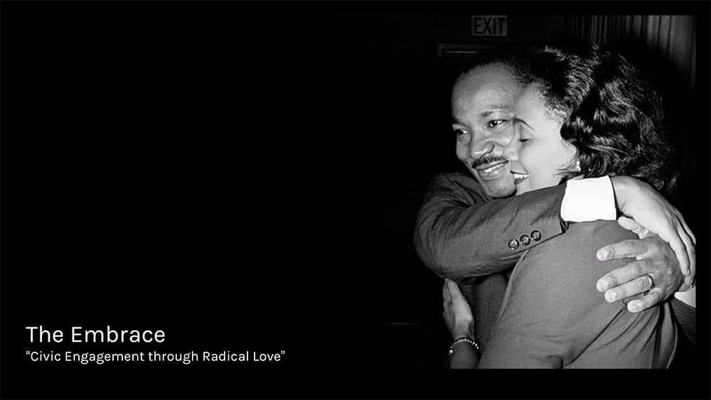 The Embrace monument on Boston Common recalls the hug between Dr. Martin Luther King Jr. and Coretta Scott King after he won the Nobel Peace Prize in 1964. This image was pulled from the official Embrace and 1965 Freedom Rally Memorial Plaza proposal to the Boston Landmarks Commission.