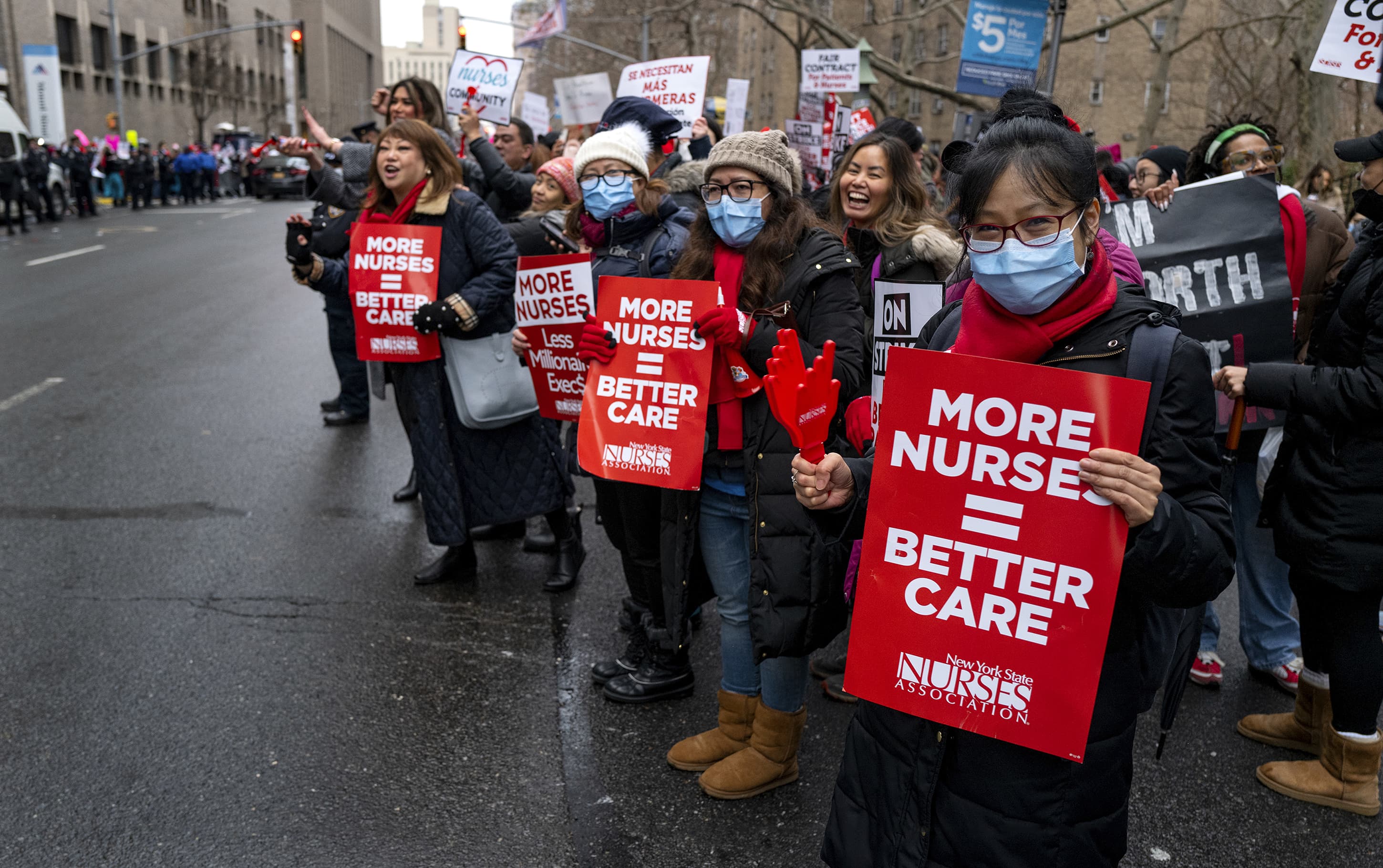 Nurses stage a strike in front of Mt. Sinai Hospital in the Manhattan borough of New York Monday, Jan. 9, 2023, after negotiations broke down hours earlier. (Craig Ruttle/AP)