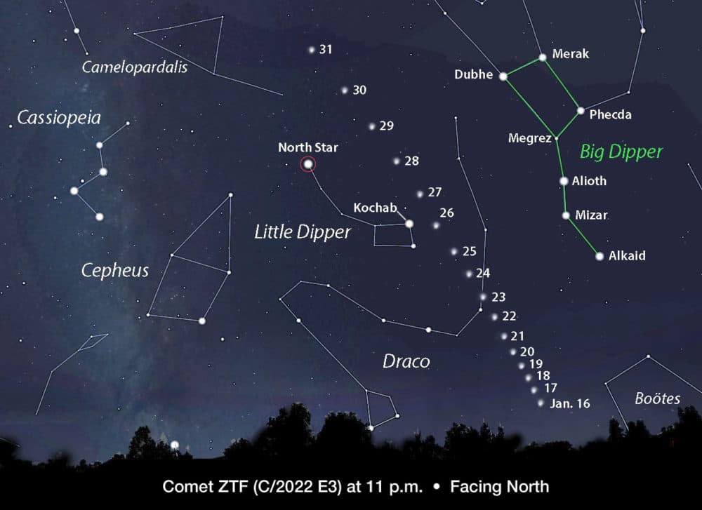 The comet speedily mounts the northern sky this month as seen from latitude 45° north. Positions are shown for 11 p.m. CST. Remember to use binoculars as the comet will likely appear rather faint from light-polluted locations. (Courtesy of Bob King)