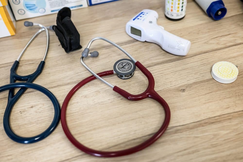 Stethoscopes at a doctors office. (Jeff Pachoud/AFP via Getty Images)