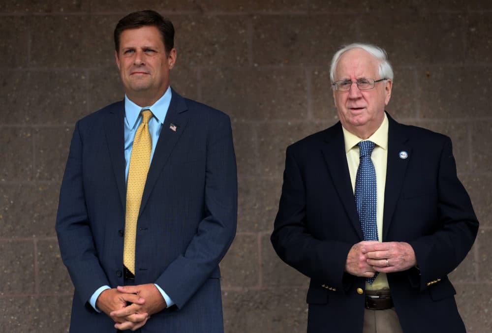 Mass GOP Chairman Jim Lyons stands next to Republican Gubernatorial Candidate Geoff Diehl, left. (David L. Ryan/The Boston Globe via Getty Images)