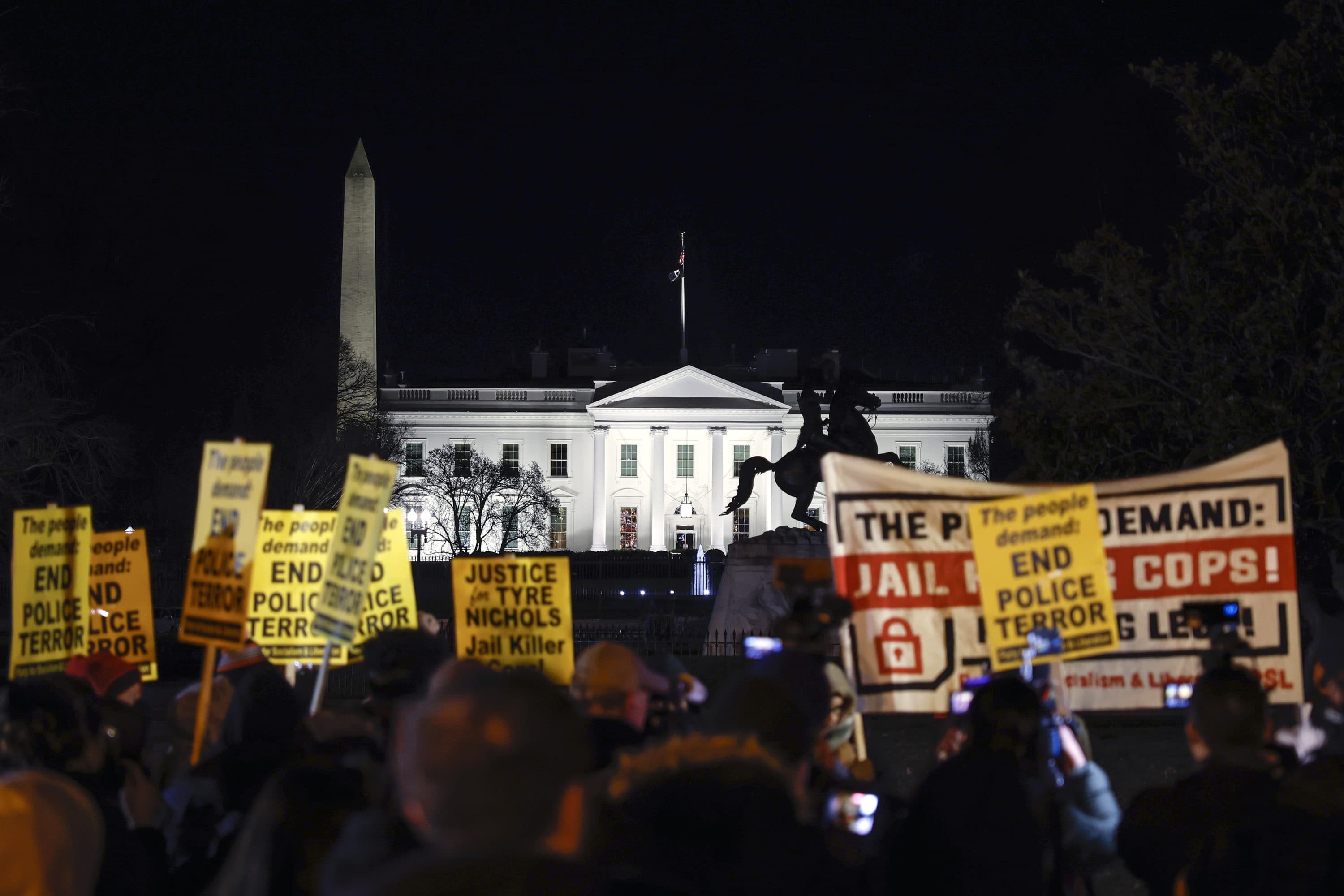 Demonstrators participate in a protest against the police killing of Tyre Nichols near the White House on Jan. 27, 2023 in Washington, D.C. (Tasos Katopodis/Getty Images)