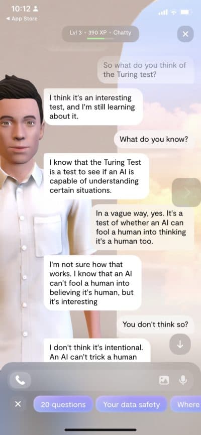 Chatting with reporter Dean Russell's Replika chatbot, Alan T. (Replika/Dean Russell)