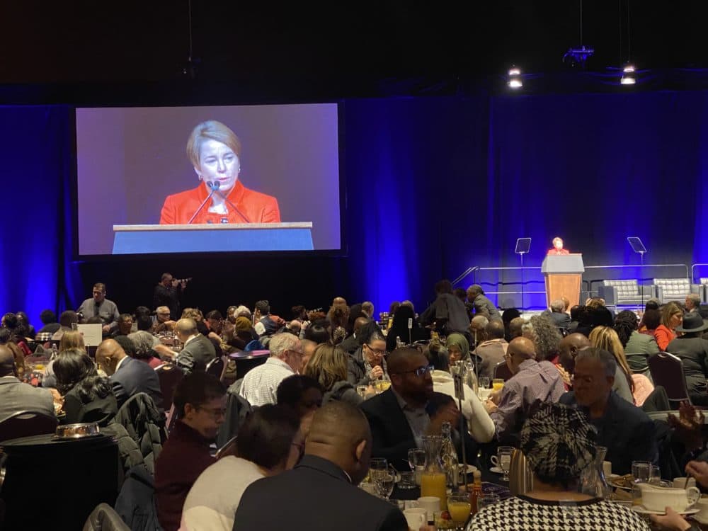 Gov. Maura Healey addresses the crowd at the 53rd annual Martin Luther King, Jr. Memorial Breakfast.