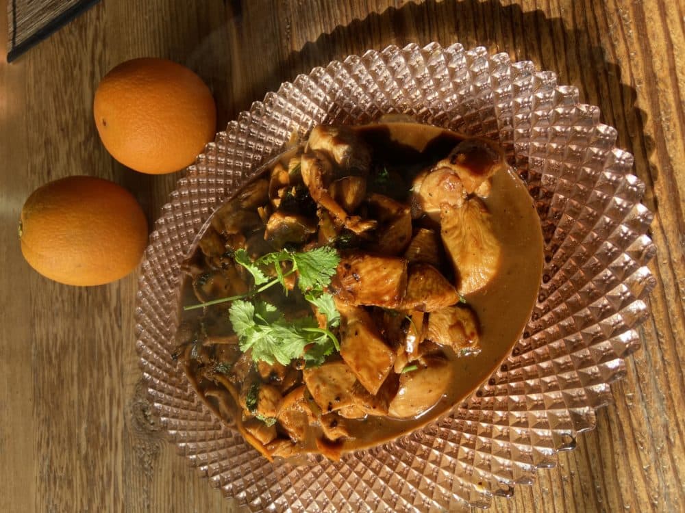 Sichuan-style orange chicken. (Kathy Gunst/Here &amp; Now)