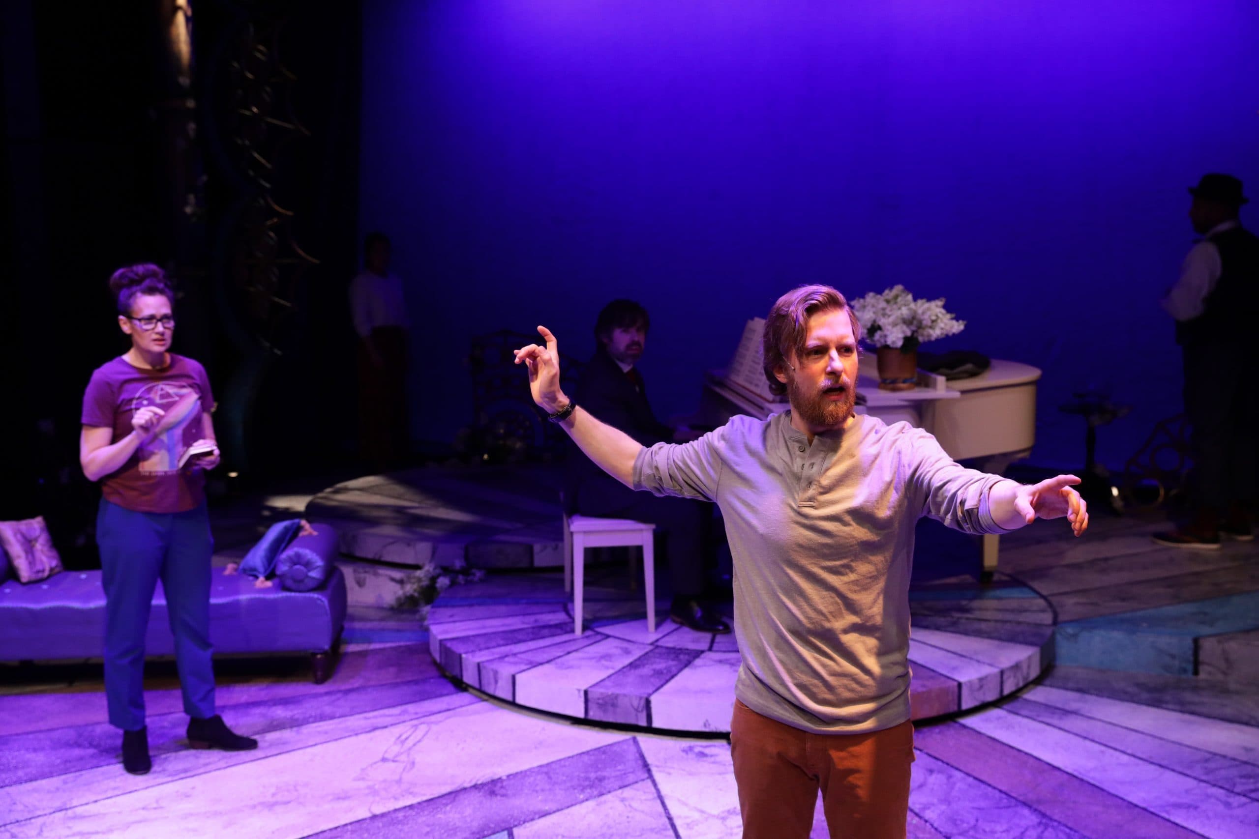 Dan Prior as Rachmaninoff talks about his writer's block with Aimee Doherty as his therapist in "Preludes" at Lyric Stage Company of Boston. (Courtesy Mark S. Howard)