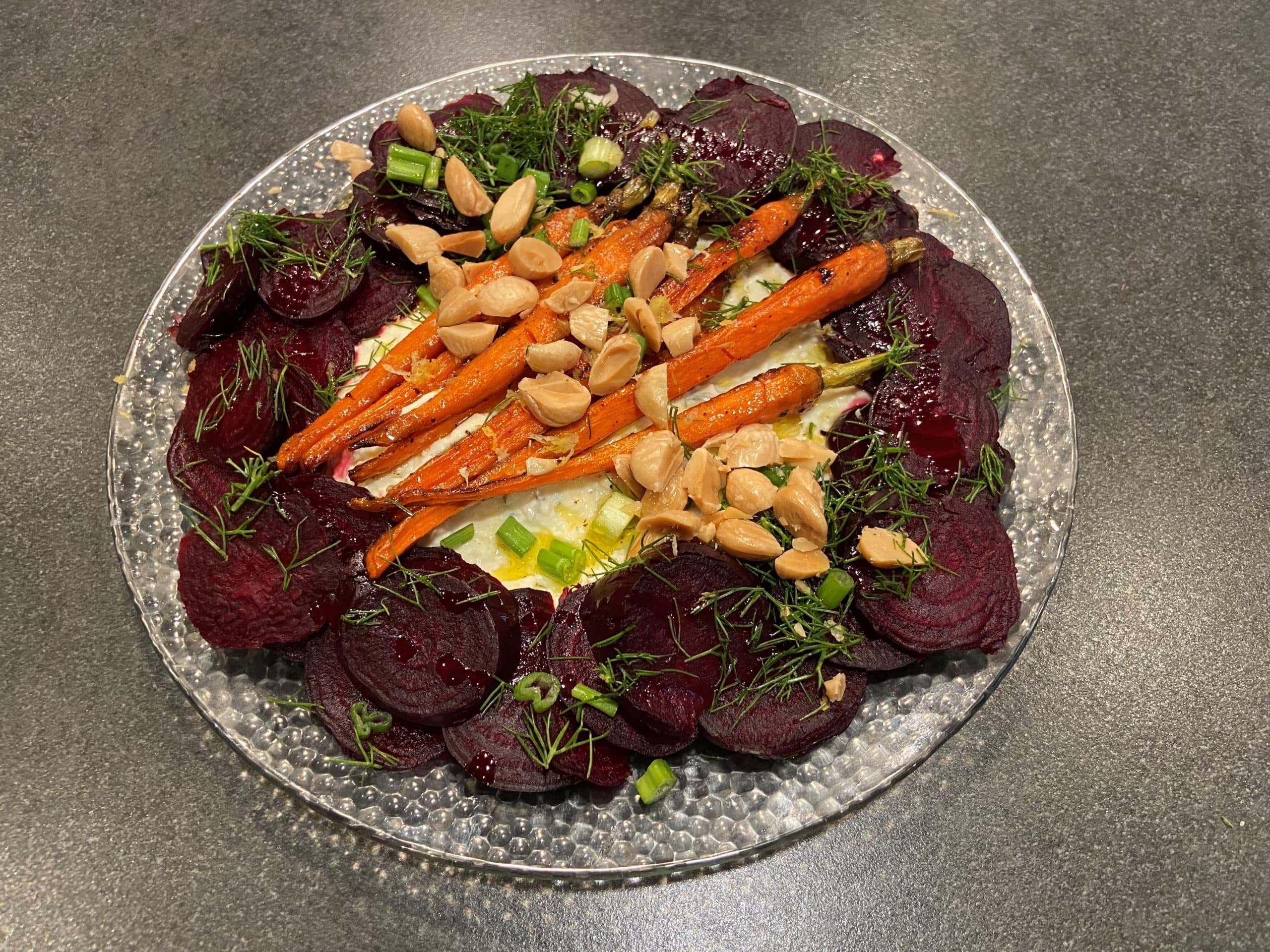 Roasted carrots and beets with lemon-ricotta spread. (Kathy Gunst/Here & Now)