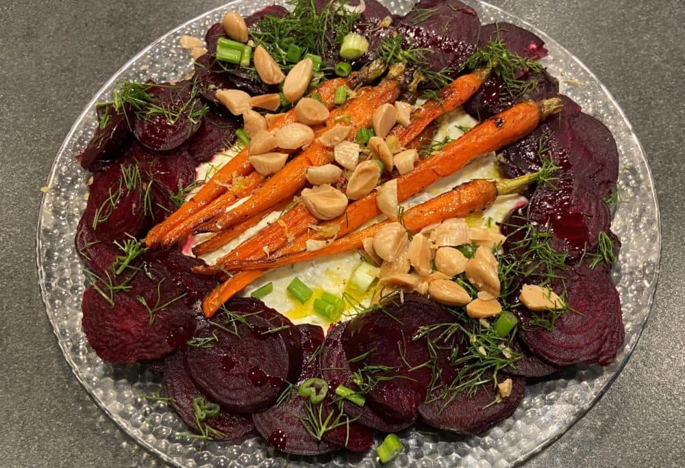 Roasted carrots and beets with lemon-ricotta spread. (Kathy Gunst/Here & Now)