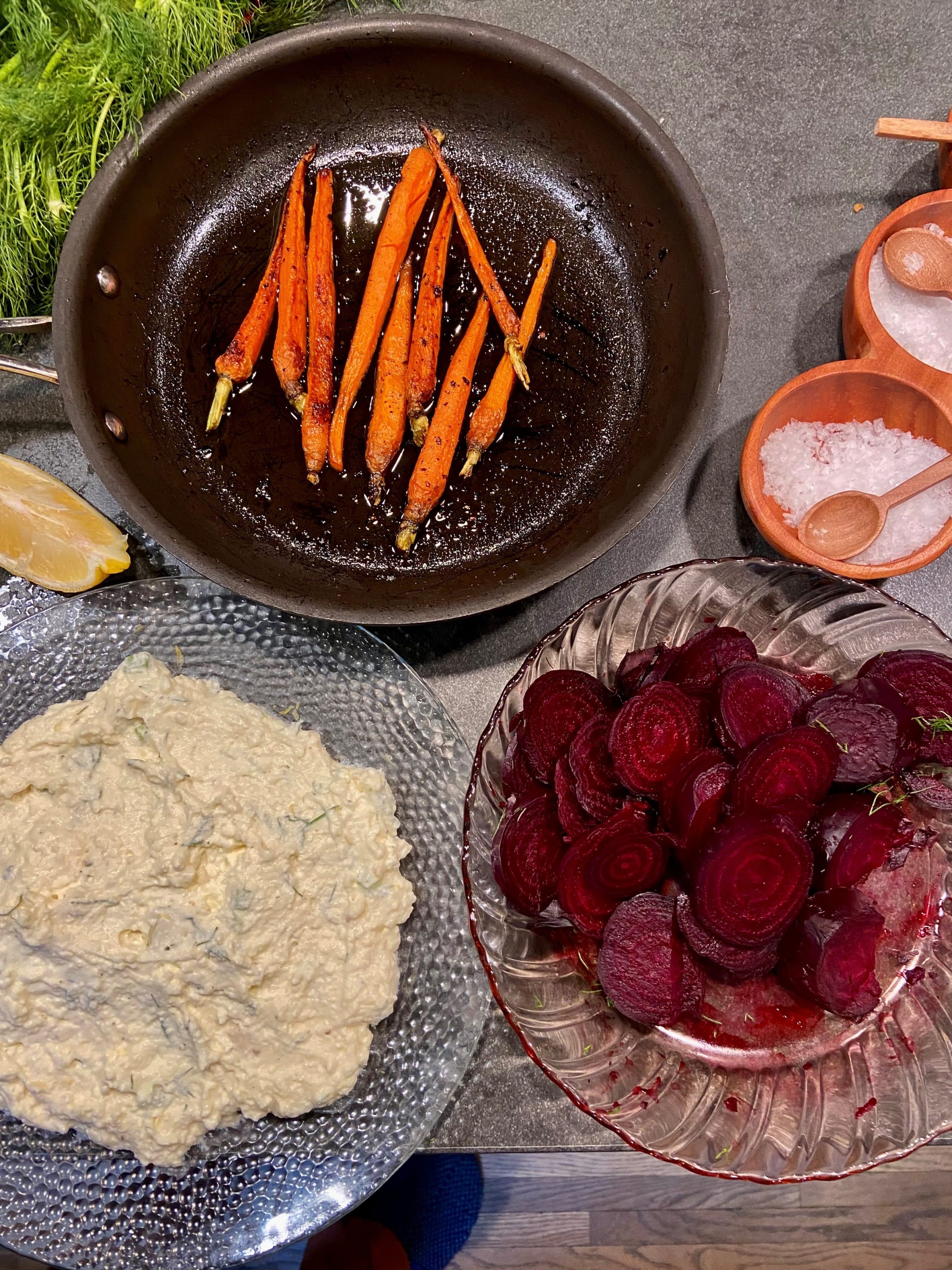 Ingredients for roasted carrots and beets with lemon-ricotta spread. (Kathy Gunst/Here & Now)