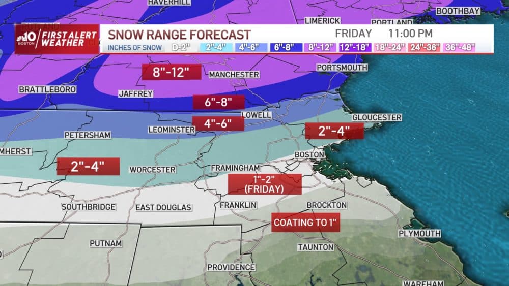 A screenshot of the forecast for Jan. 20 taken from NBC10 Boston. (Danielle Noyes/WBUR)