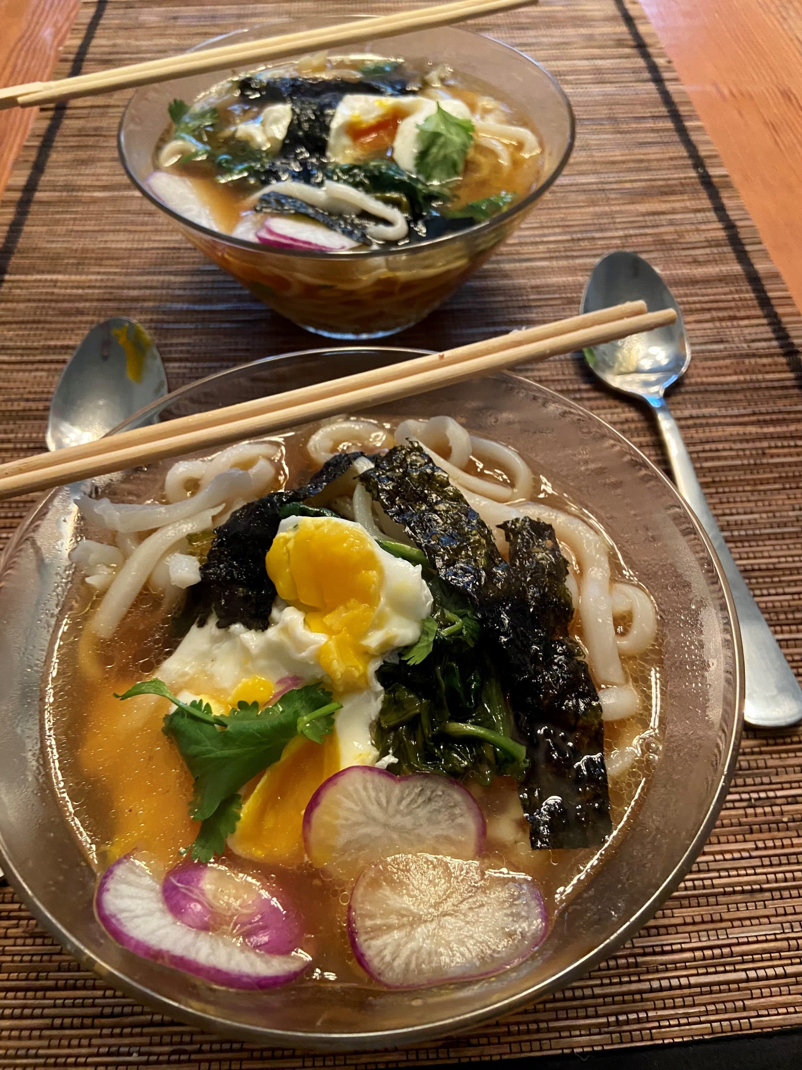 Udon noodle soup with gingered broth and sauteed greens. (Kathy Gunst/Here & Now)