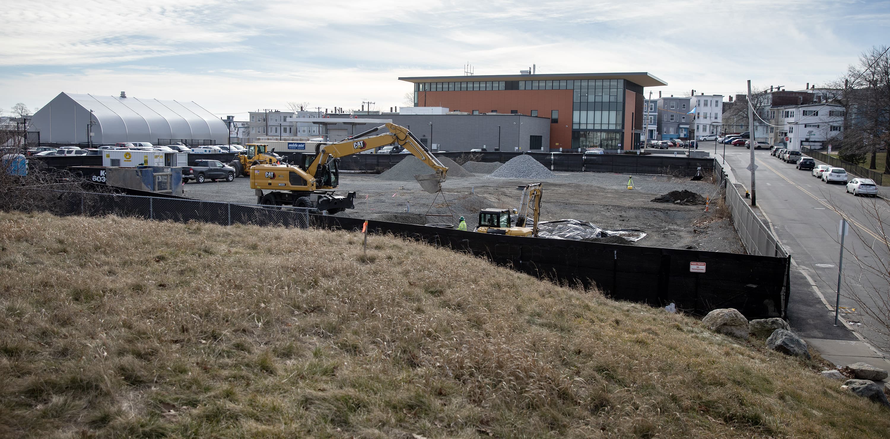 Construction under way at the site of the East Boston electrical substation. (Robin Lubbock/WBUR)